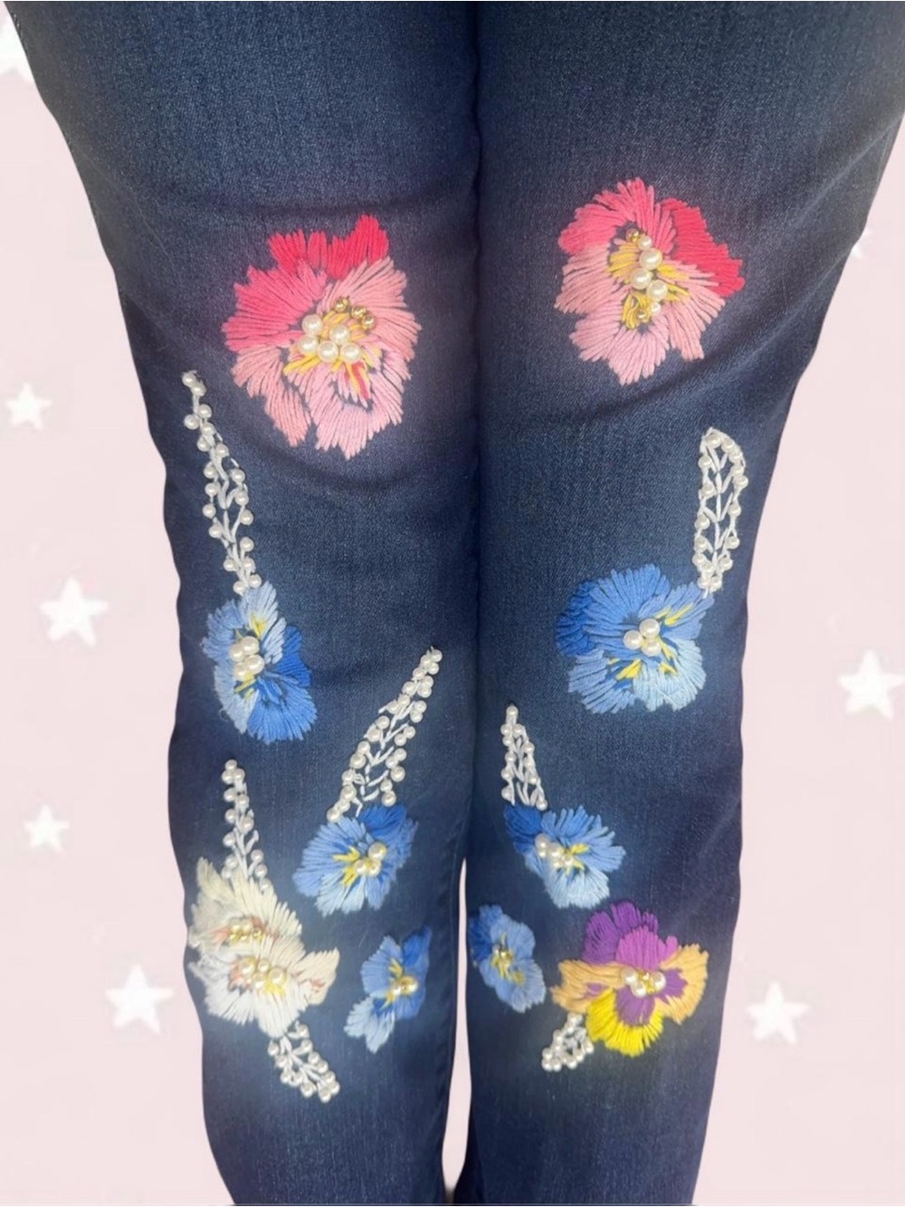 Signature by Levi Strauss Dark Blue Flare Jeans with Hand Floral Embroidery - Picture 4 of 7
